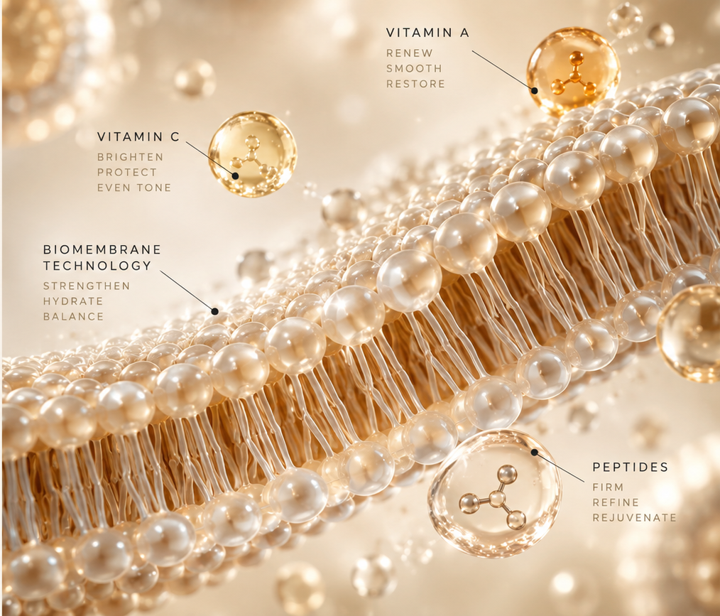 Golden biomembrane structure with Vitamin A, Vitamin C, biomembrane technology and peptide annotations